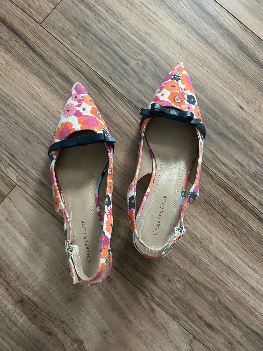 CHARTER CLUB Floral Pointed Slingback Flats in Pink, Orange & navy.